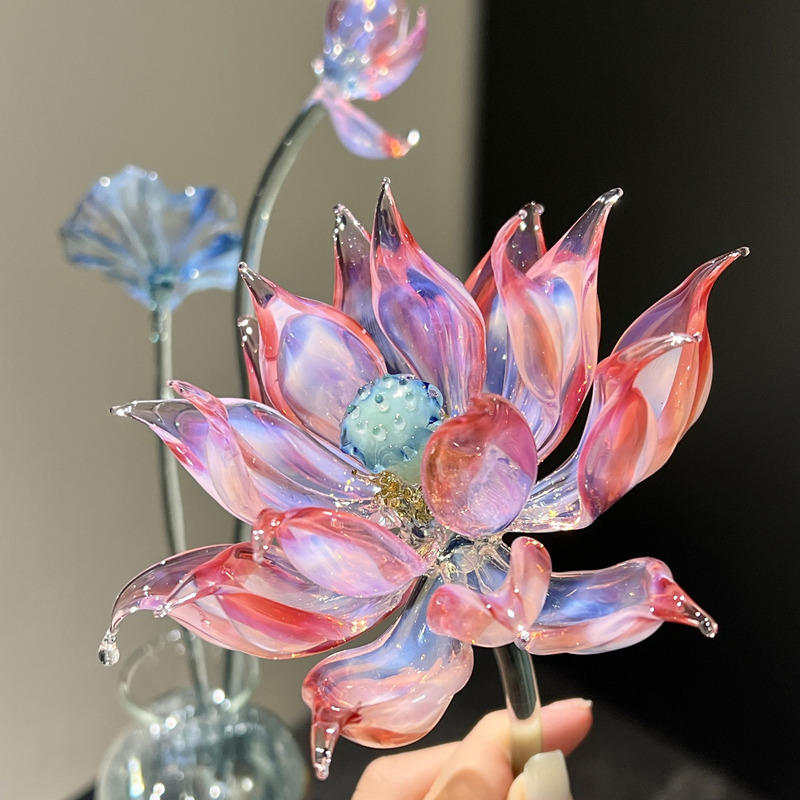 [Good Luck Lotus] Purely Handmade Glass Lantern, Handcrafted Glass, Intangible Cultural Heritage, Fired Lotus, Eternal Flower, Home Decoration Gift