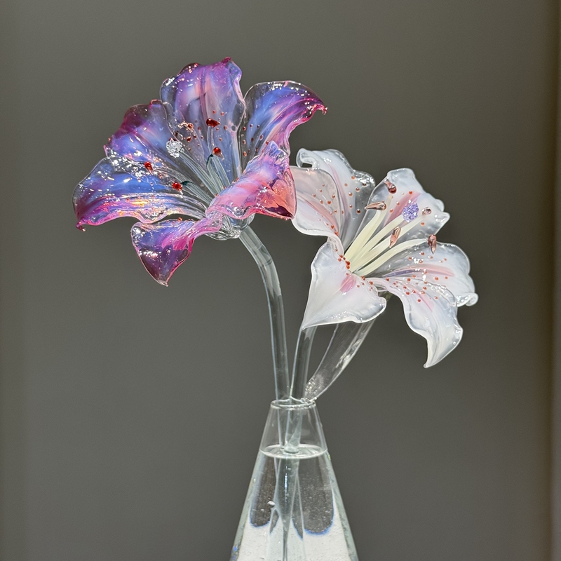【Lily Flower】Purely Handmade Glazed Glass Lily Eternal Flower Glass Ornament with Vase