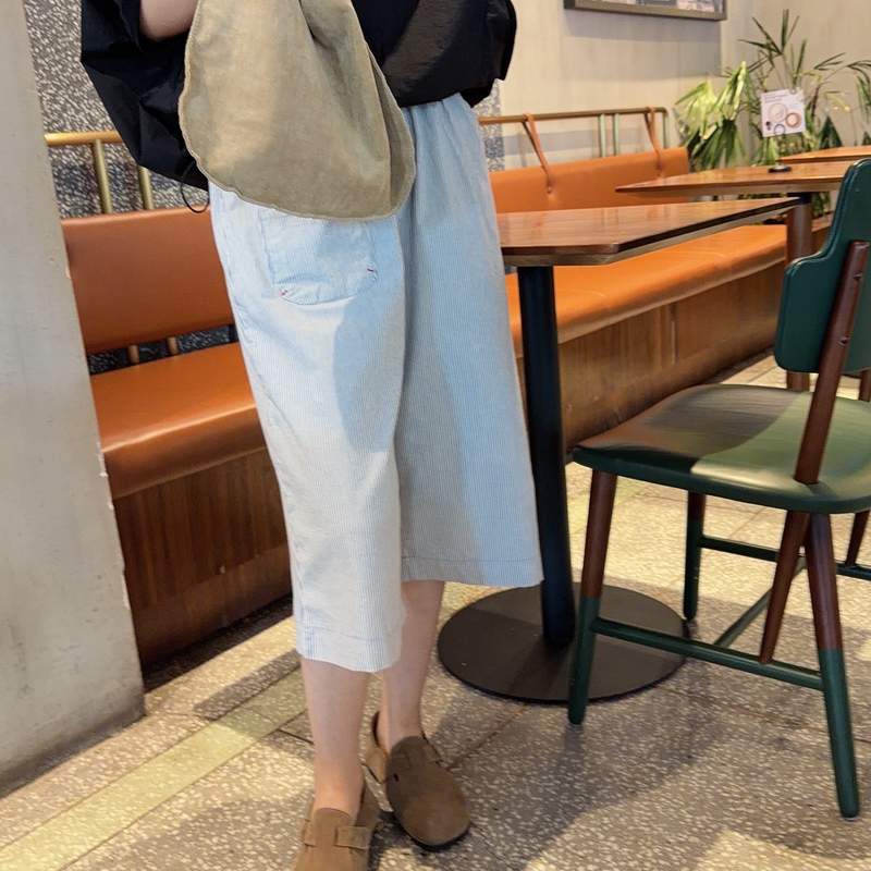 Korean Dongdaemun Women's Summer Casual Workwear Style Comfortable Elastic Waist Blue and White Striped Cropped Pants Mid-Length Pants