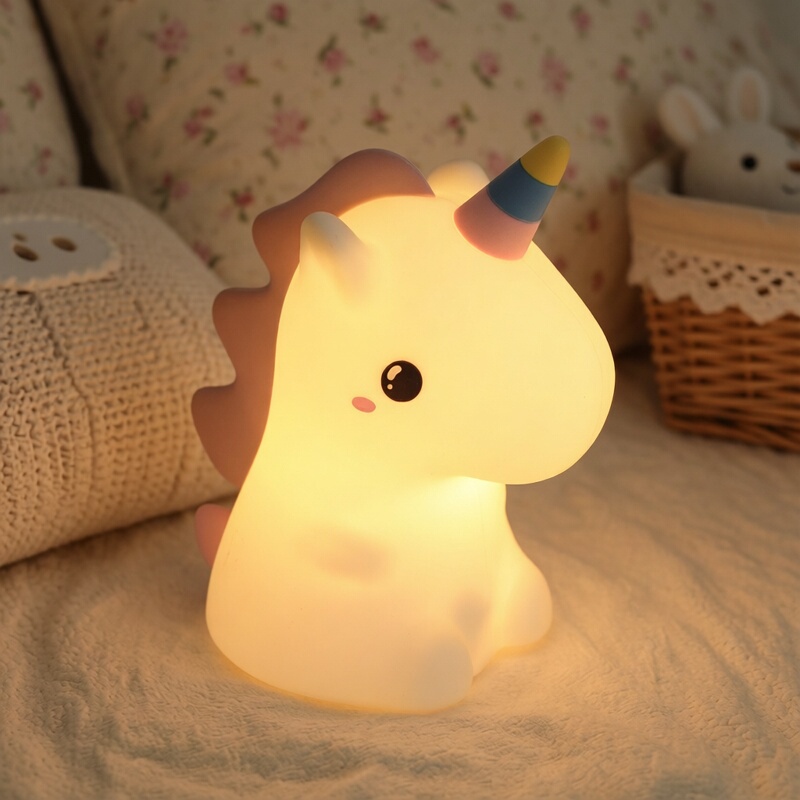 Rainbow Pony Silicone Night Light for Young Children and Girls, Bedside Sleep Unicorn Atmosphere Tap Light, Student Eye Protection