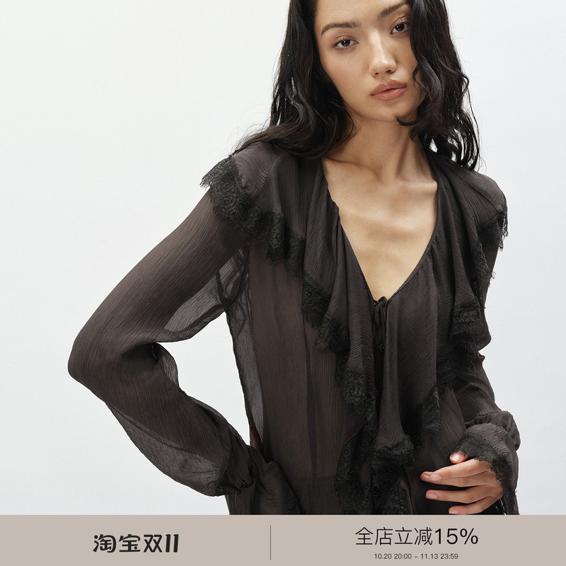 Vodka Elves Cupro Rayon Lace Patchwork Texture V-Neck Ruffle Chiffon Long-Sleeved Shirt