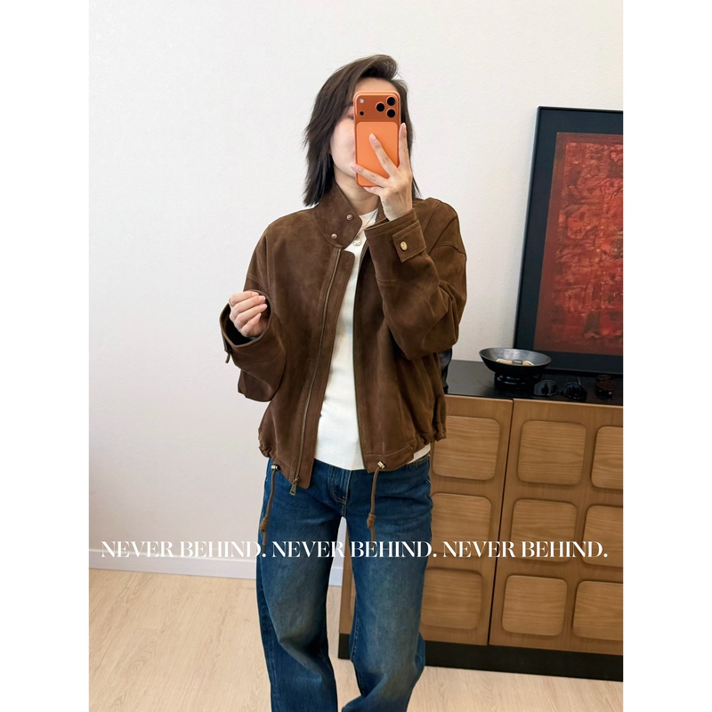 8.16 Never Behind Retro Suede Genuine Leather Lambskin Stand Collar Jacket 8.16 Never Behind Retro Suede Genuine Leather Lambskin Stand Collar Jacket