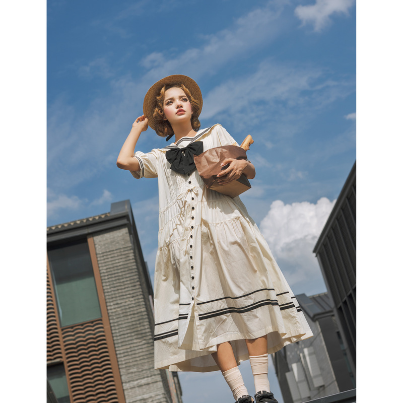 【B-Grade | Minor Flaws】In-Stock Yamkajo + Song of Joy + Navy Style Sailor Short-Sleeve Op Daily Dress 【B-Grade | Minor Flaws】In-Stock Yamkajo + Song of Joy + Navy Style Sailor Short-Sleeve Op Daily Dress