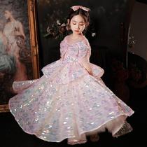 Girls Catwalk Dress Sequined Yarn Childrens Birthday Princess Dress Pink Little Girl Piano Performance Costume Spring