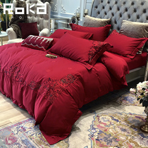 Wedding four-piece red embroidery European happy wedding wedding wedding room wedding bed cotton bed sheet quilt cover six sets