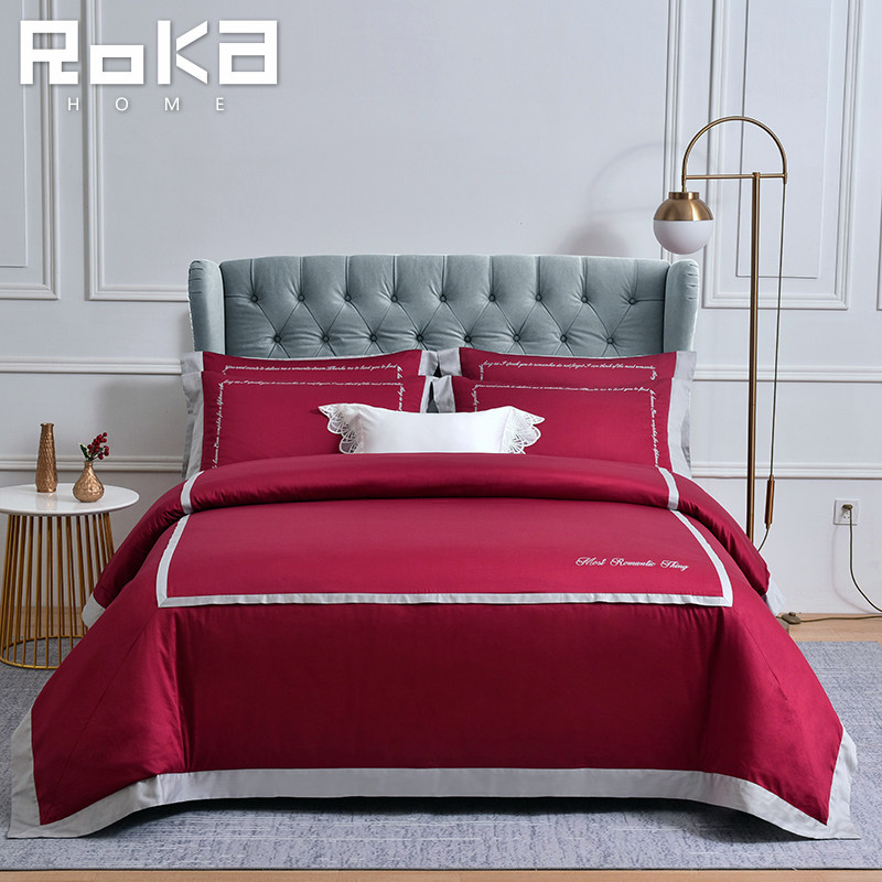 80 long suede cotton four pieces full cotton pure cotton gon satin embroidery New weddings Wedding wedding Five Star hotel bed linen quilt cover