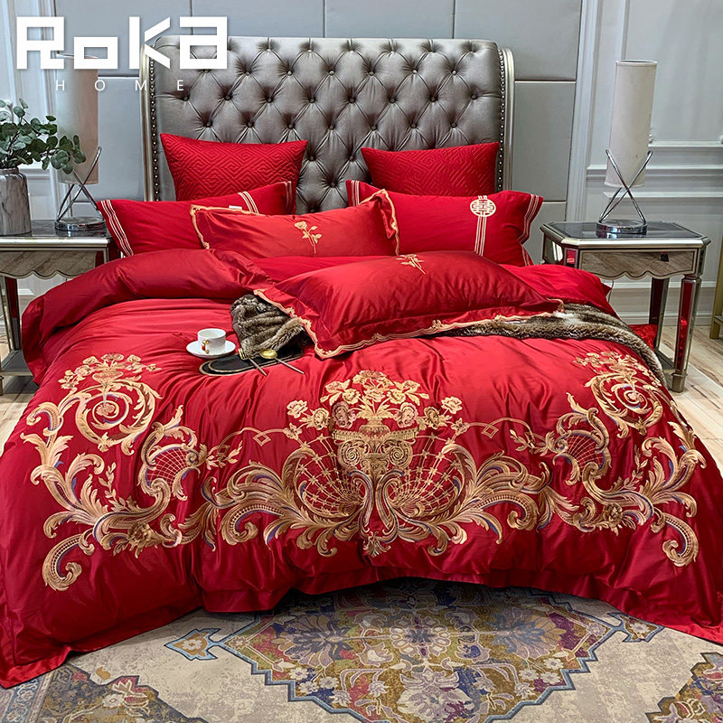 Long-staple cotton wedding four-piece set big red satin embroidery knot wedding wedding room cotton six-piece bedding