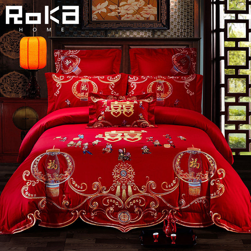 Wedding Four Pieces 100 Subgraph Big Red Embroidered Wedding Celebration Wedding Bed With All-cotton Pure Cotton Newlywed Wedding Bed Wedding Bed