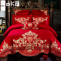 Wedding four-piece red embroidery European cotton cotton quilt cover wedding wedding wedding wedding bed wedding room six sets