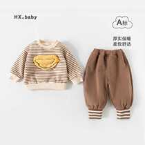 Male and female baby cartoon striped two-piece baby Korean style round neck pullover sweatshirt suit autumn and winter outing trendy clothing