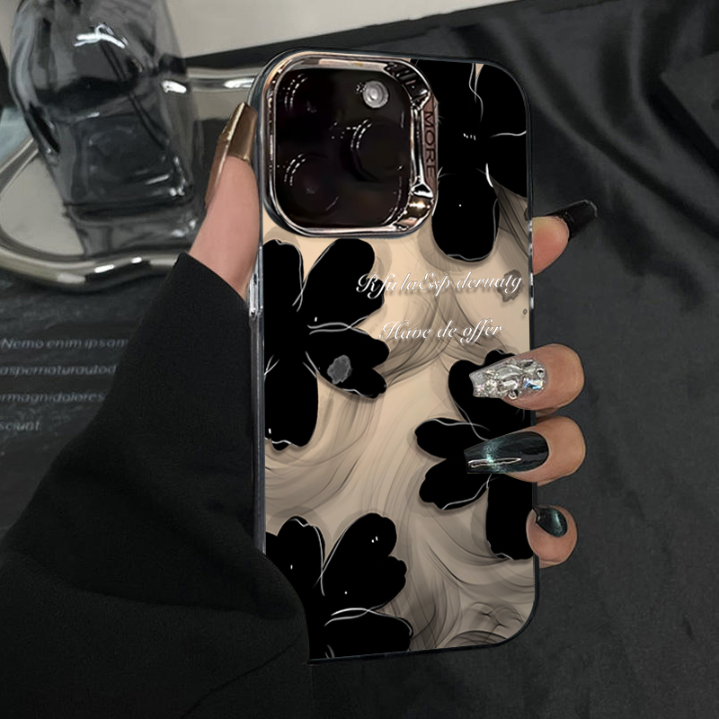 Black Ink Flower Design Suitable for Apple 17 Pro Phone Case, Female iPhone 16 Pro Max Electroplated Ring, Fresh Silver, Elegant 15 Plus, Shockproof 13 New Model, 15 Full Coverage Premium Protective Case