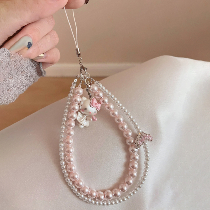 Cute Double-Layer Pink Pearl Rhinestone Fishtail Kt Cat Phone Chain Camera Lanyard Sweet Niche Bag Keychain for Women