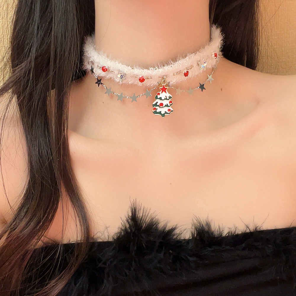食颜派 圣诞树星星白色毛绒项链 1个【秋冬双层 爆款锁骨链】