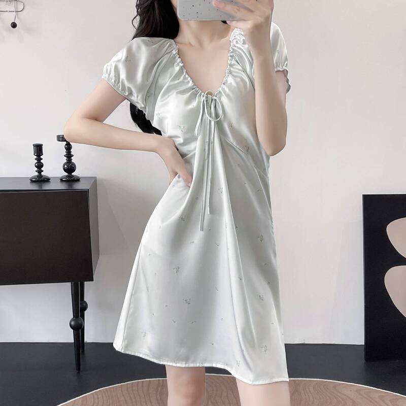 Ice Silk Light Luxury Women's Summer Short-Sleeve Nightgown, Sexy Pure Desire Style Loungewear, Aqua Blue Nightdress with Chest Pads