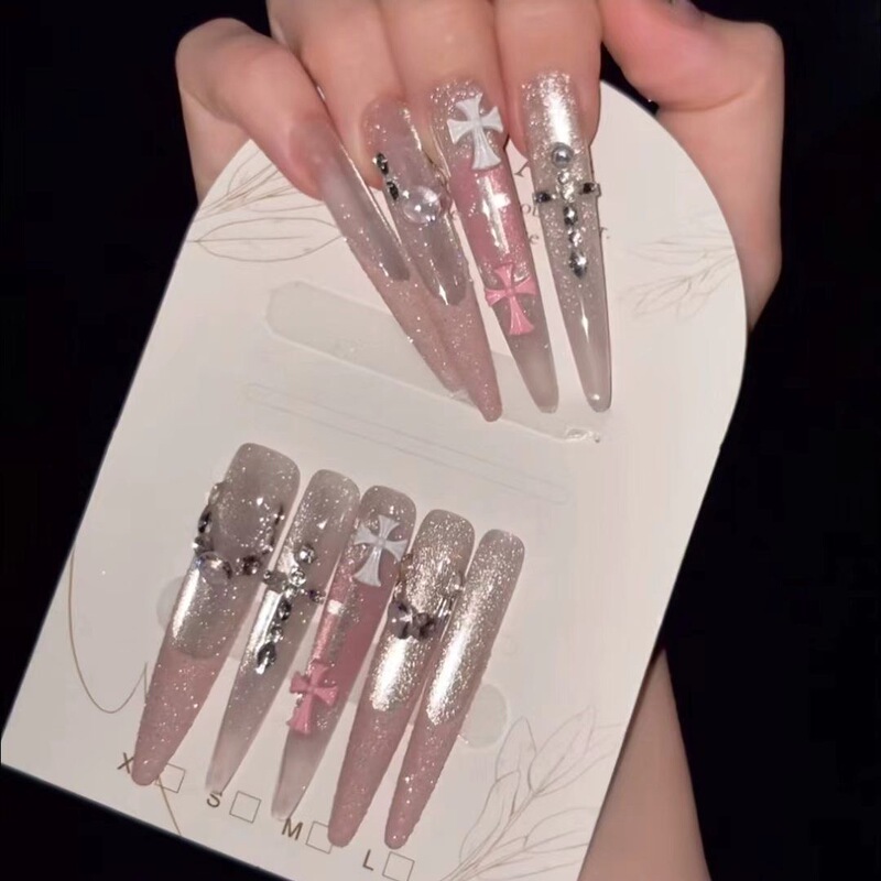 【Silver Gothic】High-End Cross-Shaped Wearable Nails, Handmade, Niche, Light Luxury, Socialite Style, Long Nail Art