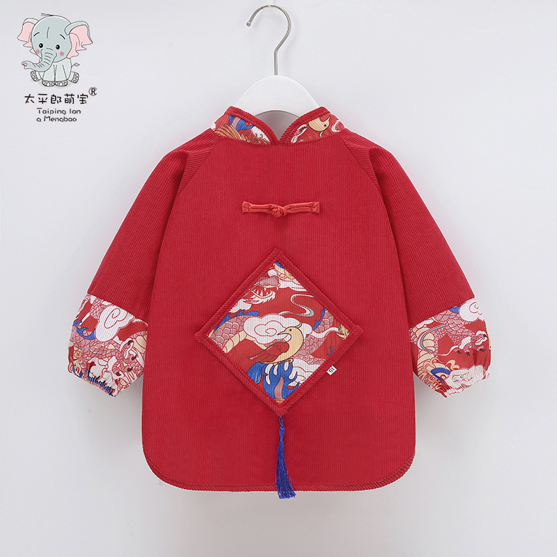 Children's Chinese-style smocks for autumn and winter, anti-dirty waterproof bibs, rice skirts for men and women, baby New Year's greeting clothes for eating in autumn and winter