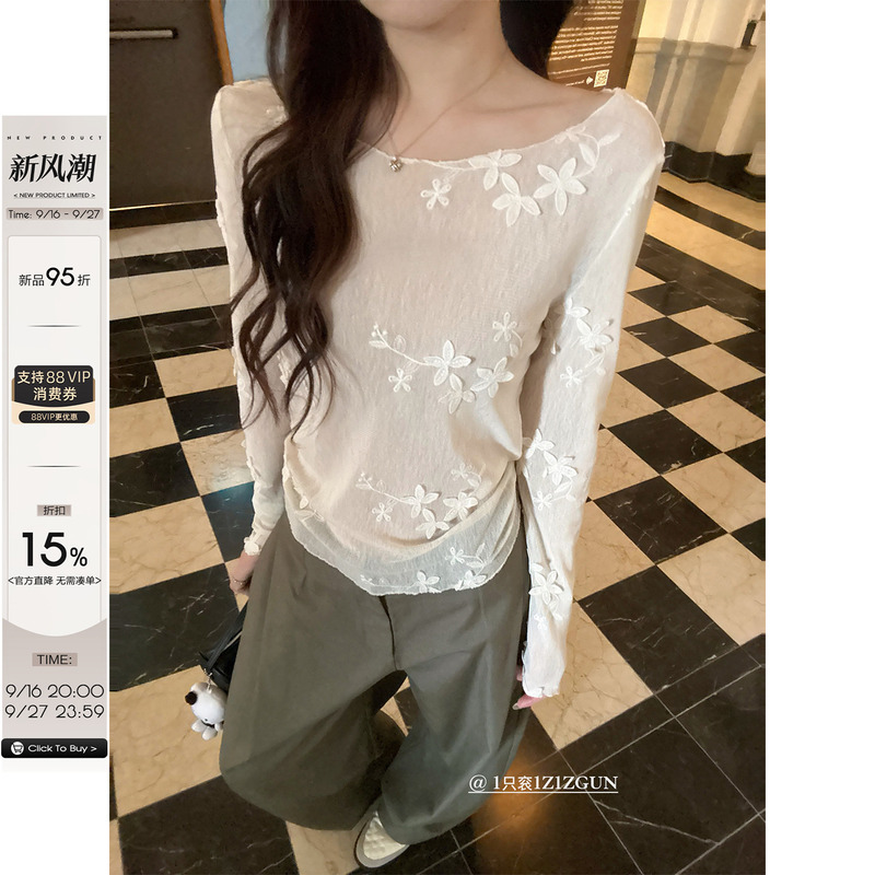 1 Piece of 1Z1Zgun Flying Flower Dream Early Spring New Style Three-Dimensional Embroidered Mesh Long-Sleeve T-Shirt, Transparent Sun Protection Shirt 1 Piece of 1Z1Zgun Flying Flower Dream Early Spring New Style Three-Dimensional Embroidered Mesh Long-Sleeve T-Shirt, Transparent Sun Protection Shirt