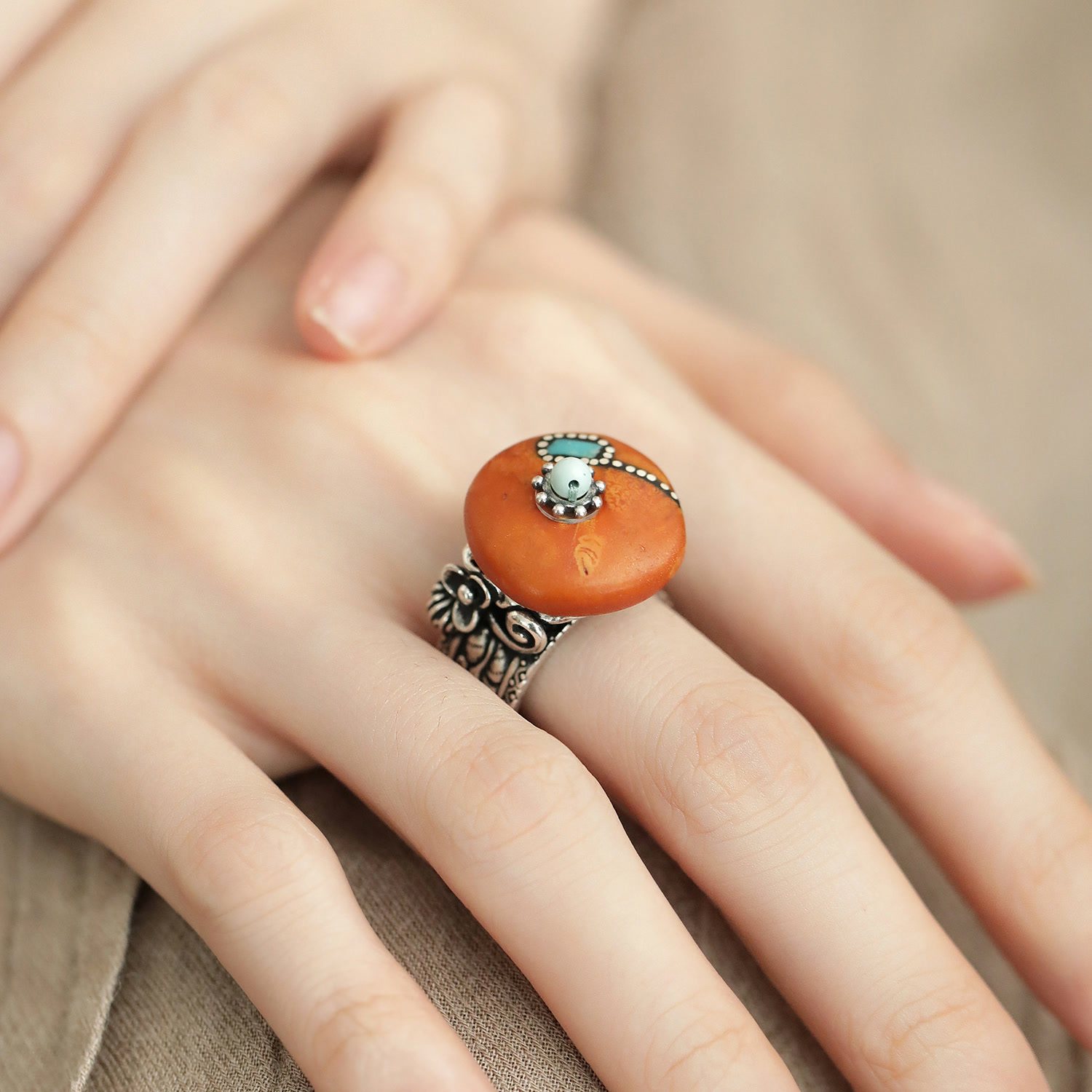 New s925 silver beeswax peony flower old ring handmade retro versatile ethnic style new Chinese style J13723