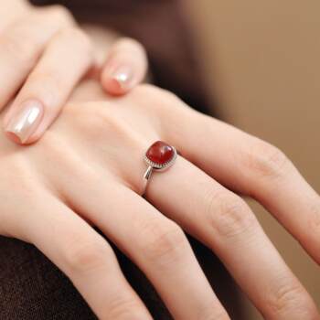 S925 silver plated platinum red agate tooth pattern square ring fashionable silver ring diversity hair j13490