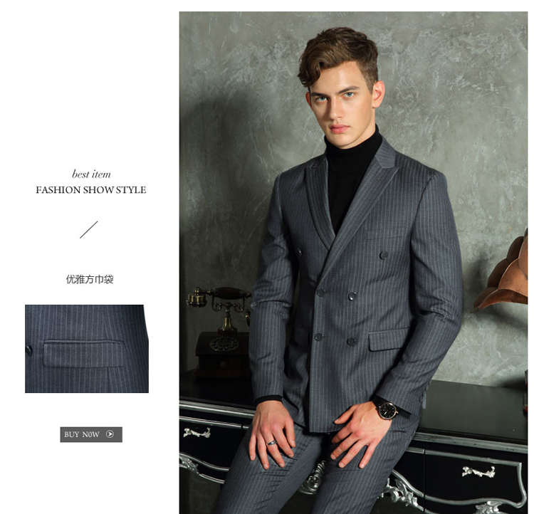 Bộ đồ cưới phù hợp với nam chú rể ăn mặc bốn mùa British Slim thanh niên đôi ngực sọc len quần áo thể thao nam