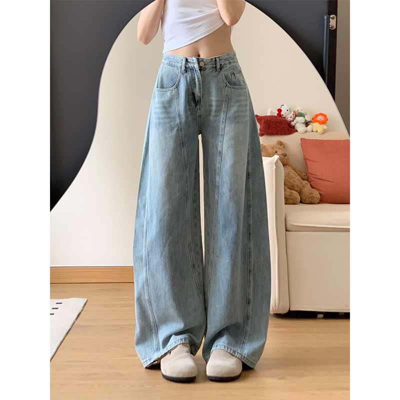 American-Style Embroidered Light Blue Scimitar Jeans for Women, 2026 Spring/Summer New High-Waisted Straight-Leg Slimming Floor-Length Wide-Leg Pants