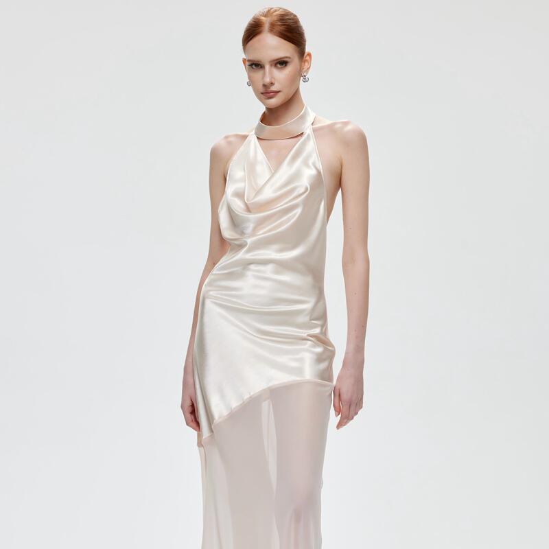 Artel Retro Moonlight Yarn | Glossy Scoop-Neck Long Dress, Satin Dress, Champagne-Colored Silk Satin Draped Gauze Dress