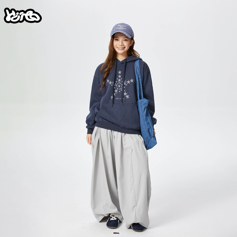 Hunoo Korean Style Sweet and Cool Five-Pointed Star Printed Hooded Sweatshirt for Women New Style Casual Versatile Navy Blue Top for Couples Hunoo Korean Style Sweet and Cool Five-Pointed Star Printed Hooded Sweatshirt for Women New Style Casual Versatile Navy Blue Top for Couples