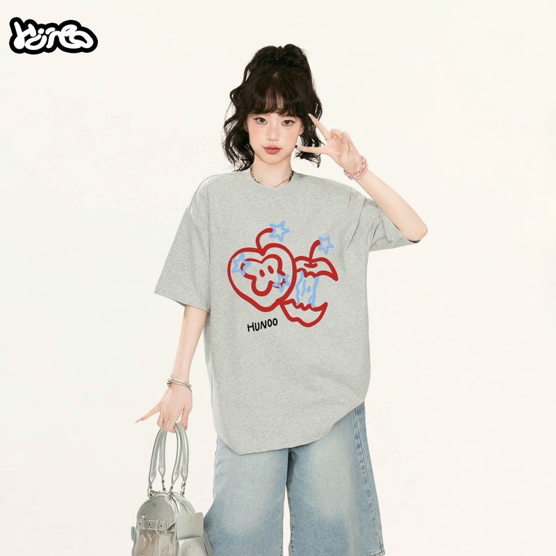 Hunoo Retro Sweet Cartoon Apple Print Short-Sleeve T-Shirt for Women, American Style Loose and Versatile Heavyweight Top ins Trendy