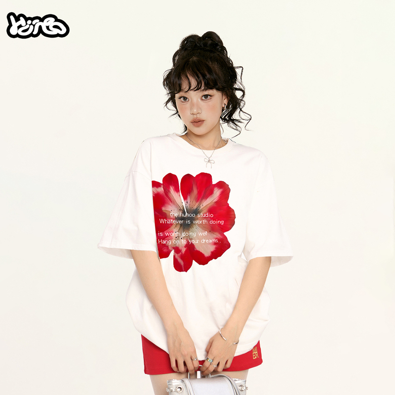 Hunoo Designer Floral Letter Short-Sleeve T-Shirt for Women, Casual, Fun, Versatile, Oversized Loose Top