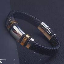 Classic Black Leather Wrap Bracelet for Men Metal Magnetic C