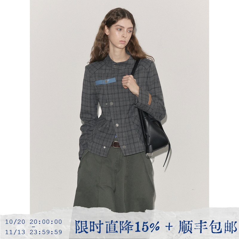 Tearocean* Diagonal Placket, Straight Shoulder Silhouette, Short Plaid Stand-Up Collar Jacket for Women, Slim Fit Design, Elegant Top for Spring