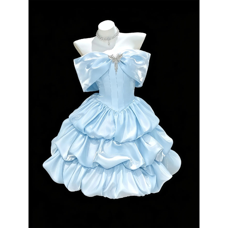 Blue One-Shoulder Short Dress, High-End Birthday Party, Coming-Of-Age Ceremony, Princess Dress, Concert Dress