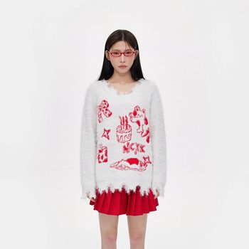 Ncxk-cat birthday party jacquard sweater v-neck slim hem irregular tattered 750g weight my249