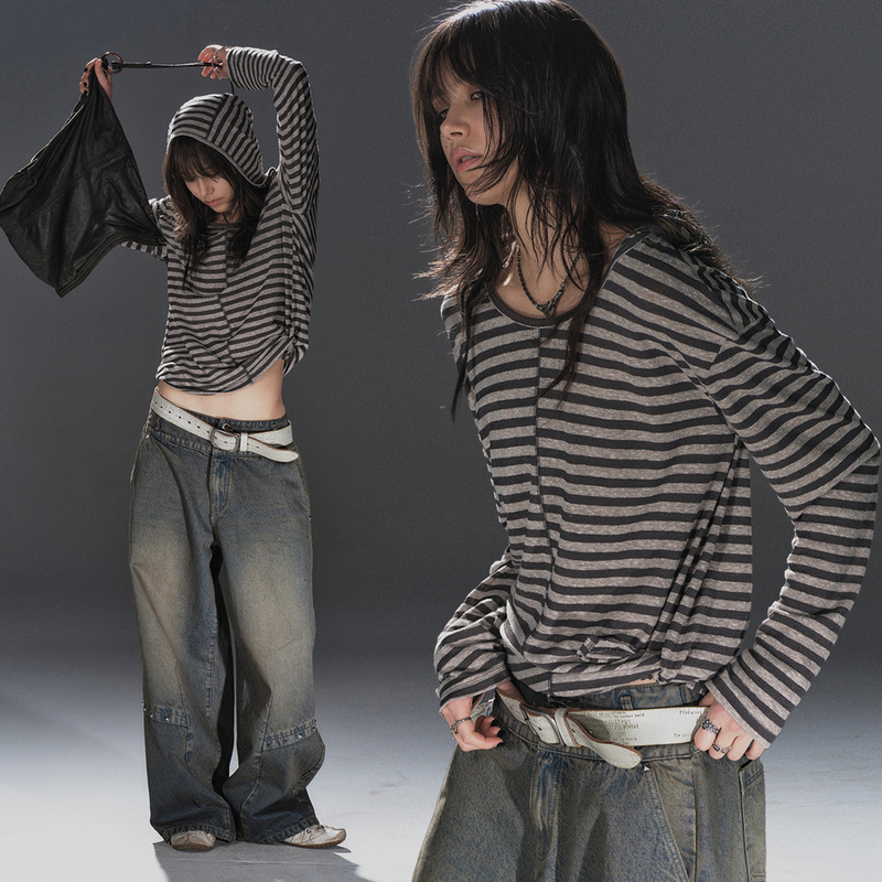 Wearandtear Striped Lightweight Hooded Hem Tie Split Loose Punk Sun Protection Shirt Long-Sleeved T-Shirt