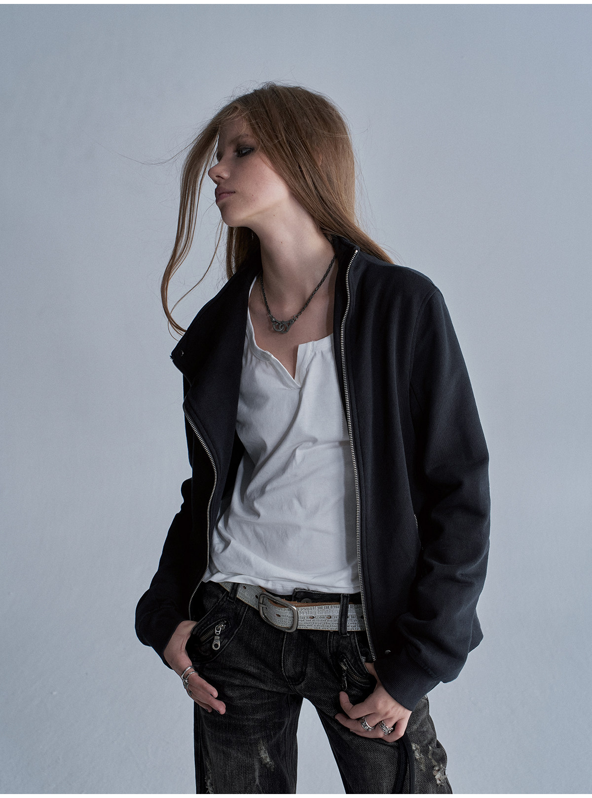wear And tear Asymmetric Zip Rivet Fleece Jacket