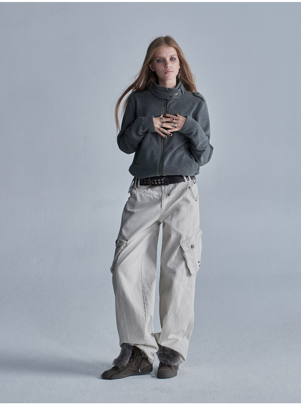 wear And tear Loose Fleece Drawstring-Hem Cardigan Jacket