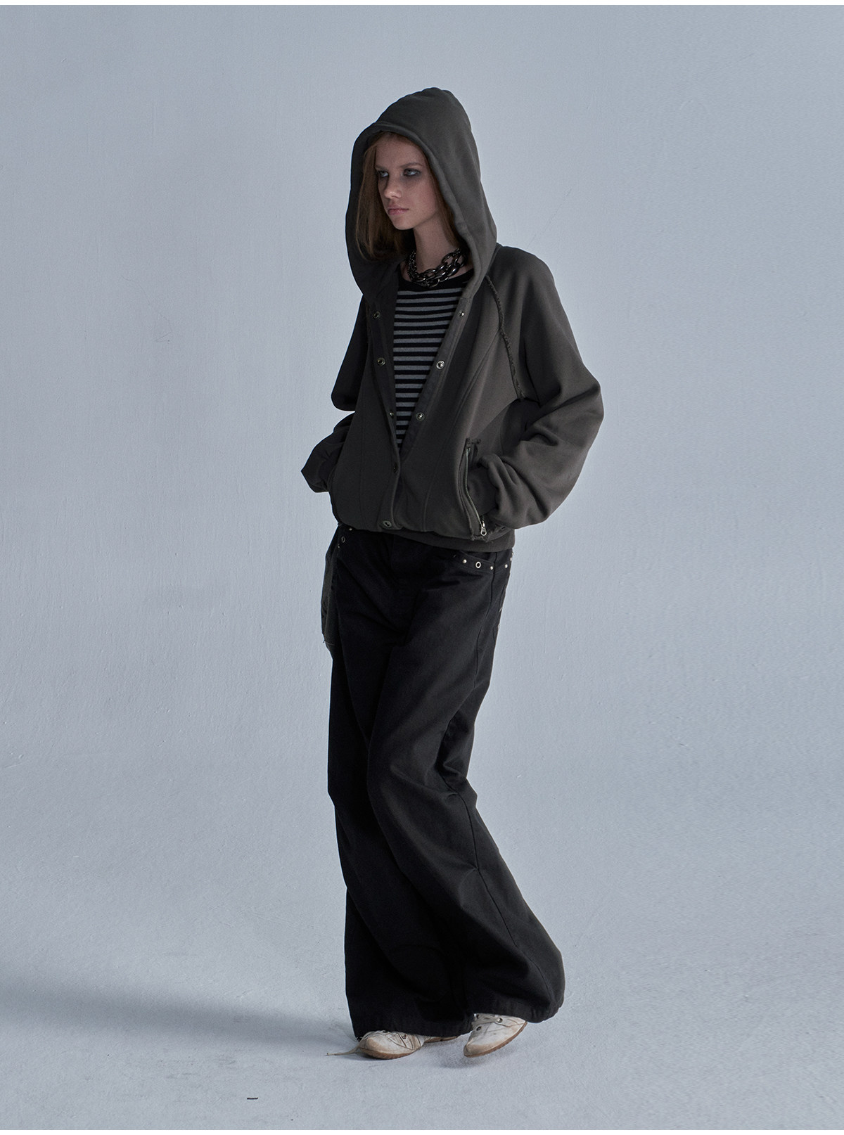 wear And tear Loose Hooded Zip-Up Terry Hoodie