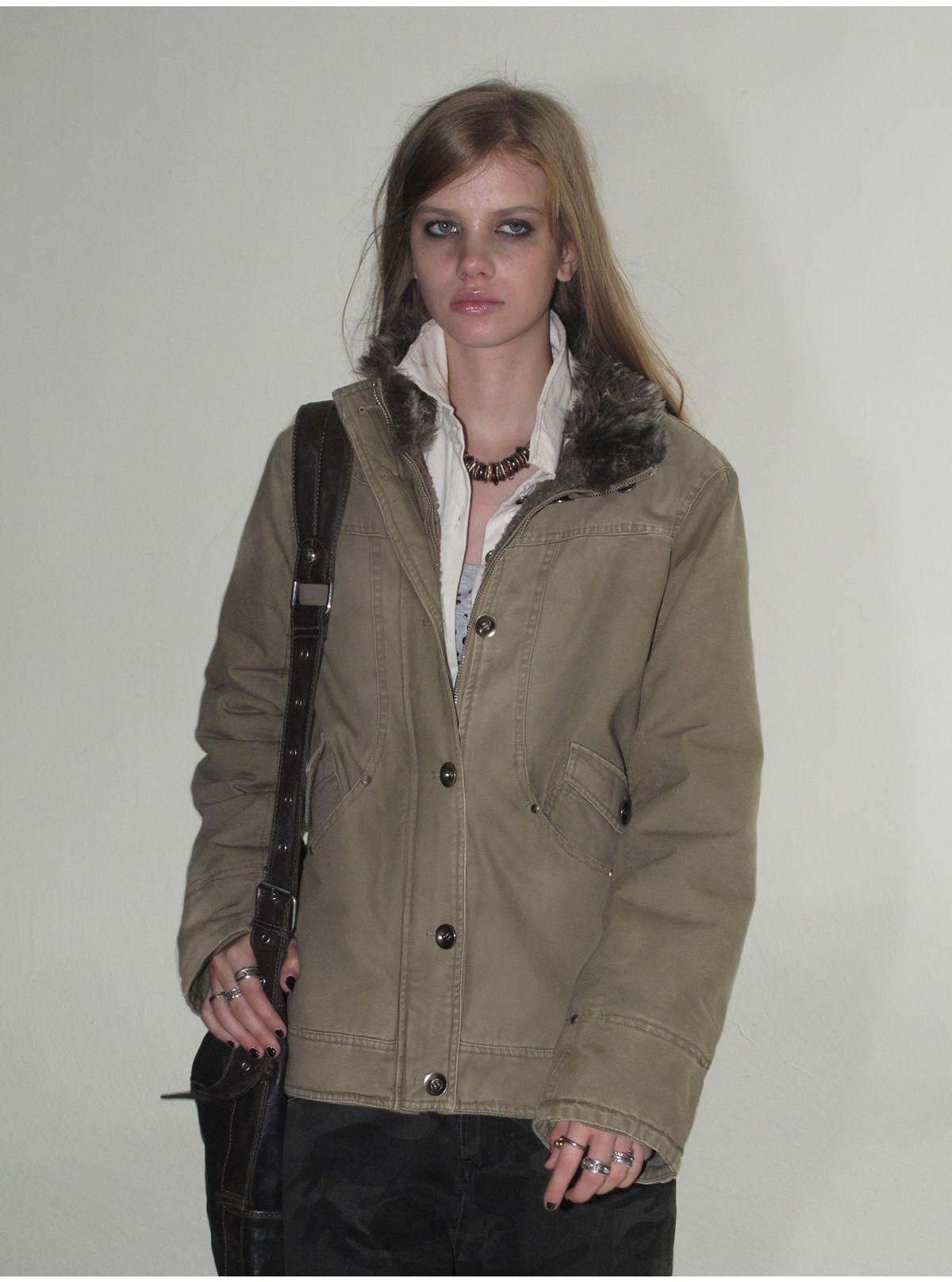 wear And tear Distressed Metal-Button Fleece-Lined Jacket