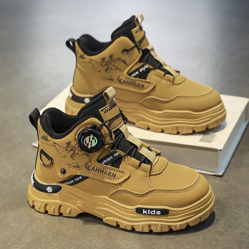 Boys' Shoes, Martin Boots, Winter 2025 New Model, Children's Non-Slip Rotating Buckle Leather Boots, Medium and Large Children's Fleece-Lined Cotton Shoes