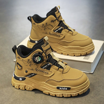 Boys' Shoes, Martin Boots, Winter 2025 New Model, Children's Non-Slip Rotating Buckle Leather Boots, Medium and Large Children's Fleece-Lined Cotton Shoes