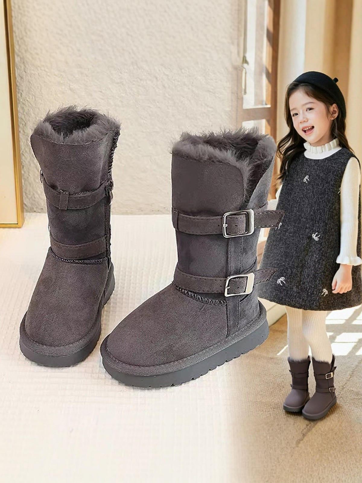 Girls' Snow Boots with Fleece Lining, Children's Long Boots, 2025 New Winter Girls' Warm Cotton Shoes, Princess High-Top Cotton Boots