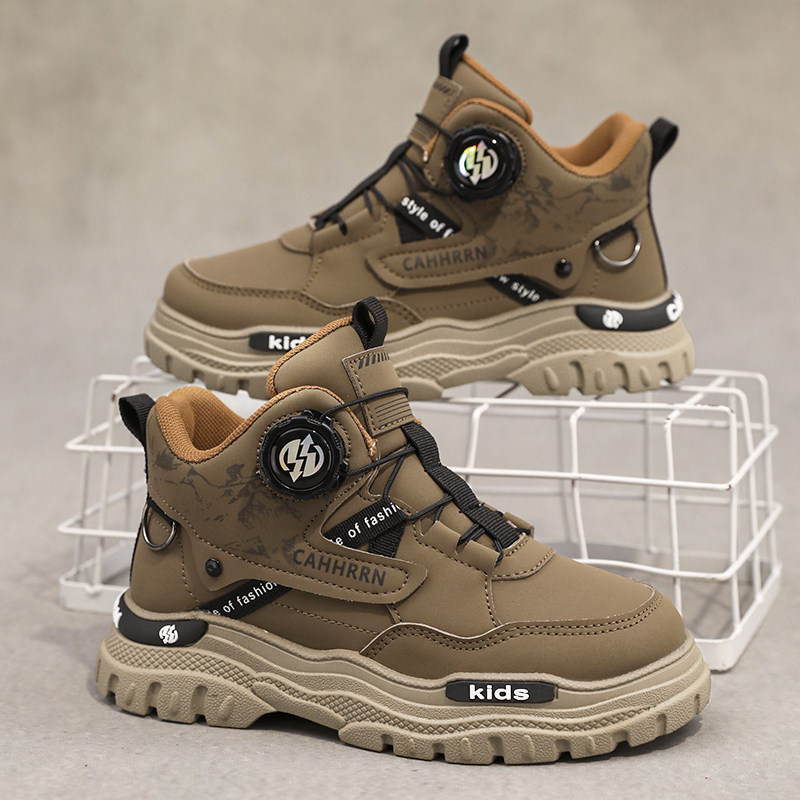 Boys' Shoes, Martin Boots, Winter 2025 New Model, Children's Non-Slip Rotating Buckle Leather Boots, Medium and Large Children's Fleece-Lined Cotton Shoes