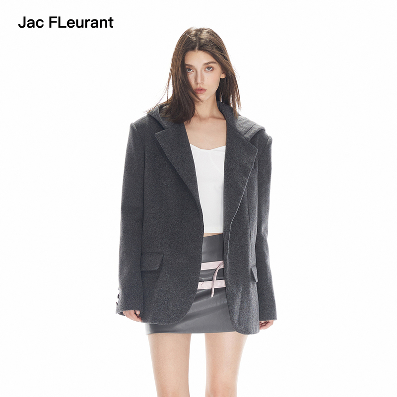 Jac Fleurant【Same Style as Zhao Lusi】Gray Hooded All-Wool Casual Blazer for Women, Versatile