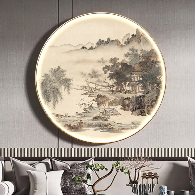 宋式美学圆形山水画新中式玄关装饰画客厅茶室背景墙壁画靠山灯画