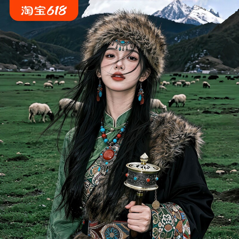 Tibetan Style Women's Green Top, Tibetan Ethnic Minority Travel Photography Outfit, Flattering Outfit Set, Same Style as Tian Xiwei