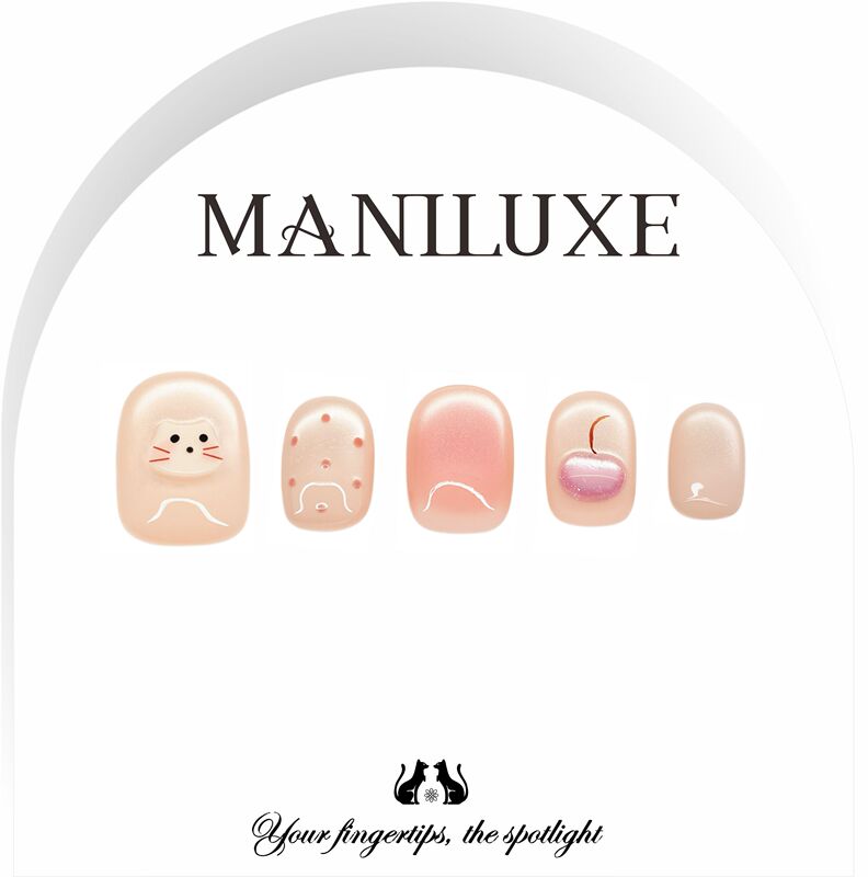 Maniluxe【White Peach Soda】 ins Childlike Hand-Painted Glass Bead Cat Eye High-End Handmade Wearable Nails