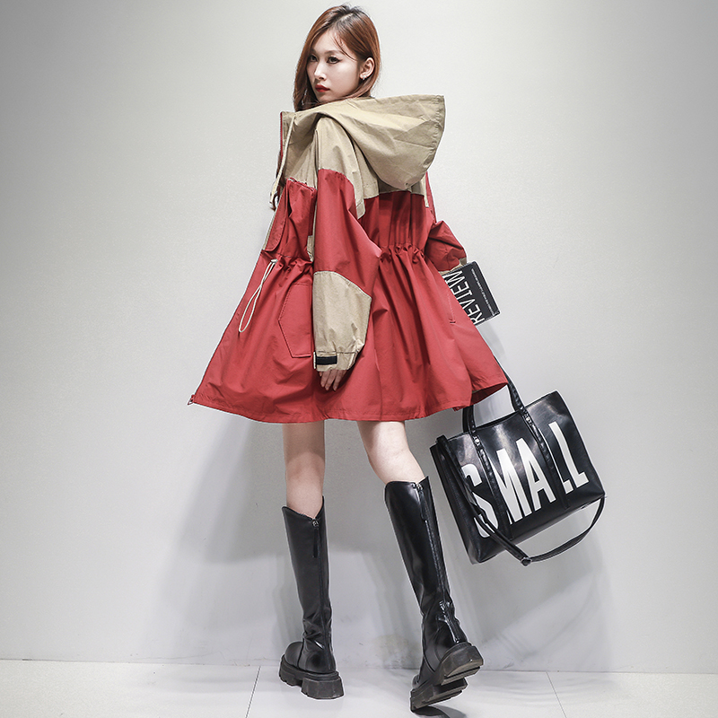 高級カラーマッチング大きいサイズフード付きウィンドブレーカージャケットレディースミドル丈2025春秋新作アウトドアジャケットレディースウエスト