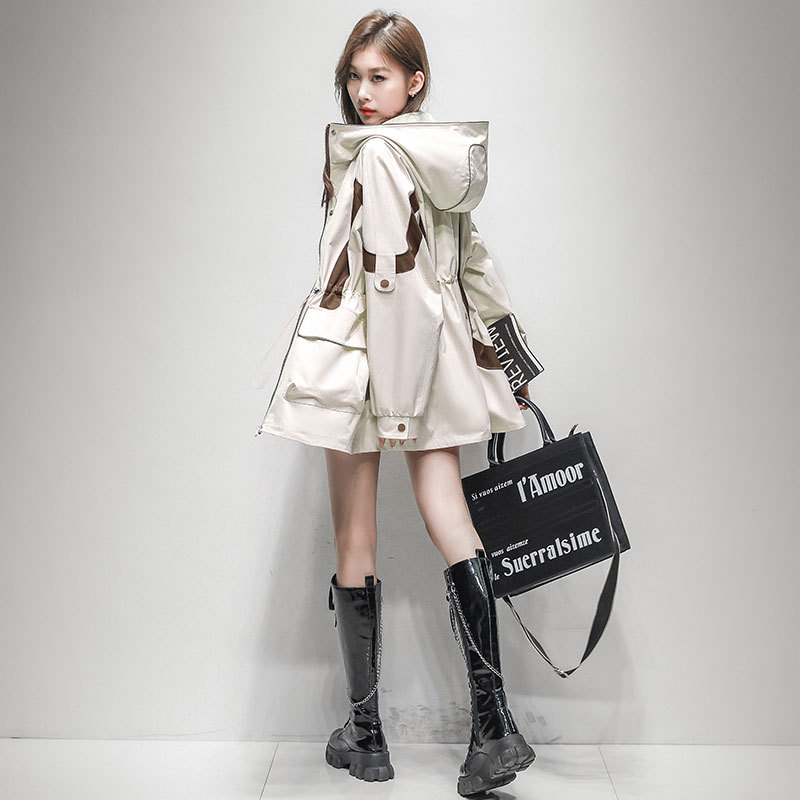 High-End Women's Windbreaker with a Cinched Waist, 2025 Spring New Korean Style Color-Blocking Casual Trench Coat, Mid-Length Slim Fit