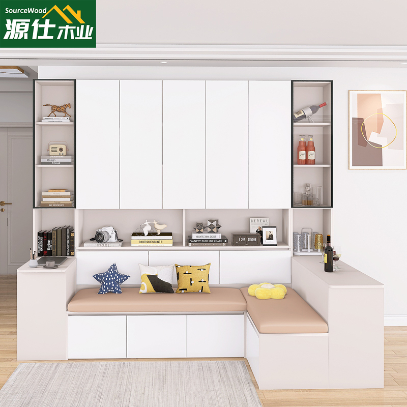 Corner Booth Sofa Combination with Bookshelf and Desk, Integrated Against the Wall, for Home Use in the Living Room, Floor-Standing Bookshelf Storage Cabinet