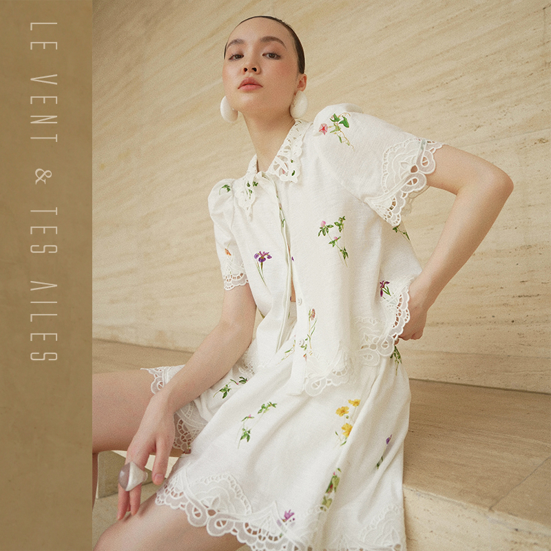 Le Vent&Tes Ailes · Ran Lan · French Pastoral Print Luxurious Linen-Cotton Shirt and Skirt Set Le Vent&Tes Ailes · Ran Lan · French Pastoral Print Luxurious Linen-Cotton Shirt and Skirt Set